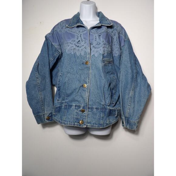 Vtg 90s Together Jean Jacket Sz Large Denim Eyelet Crochet Buttons READ - Picture 3 of 16